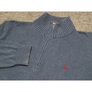 Polo Ralph Lauren Sweater Men L Blue 1/4 Zip Pullover Pony Leather Pull Cotton